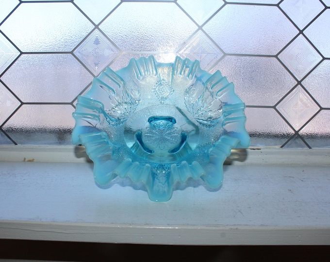 Antique Opalescent Blue Footed Dish Leaf & Diamonds by Jefferson Glass