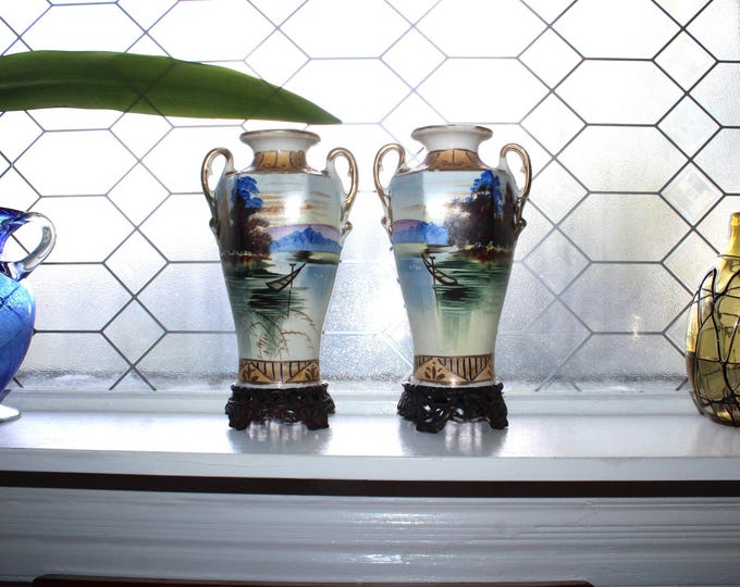 Large Antique Nippon Double Handled Vase Pair Hand Painted w/ Wood Stands