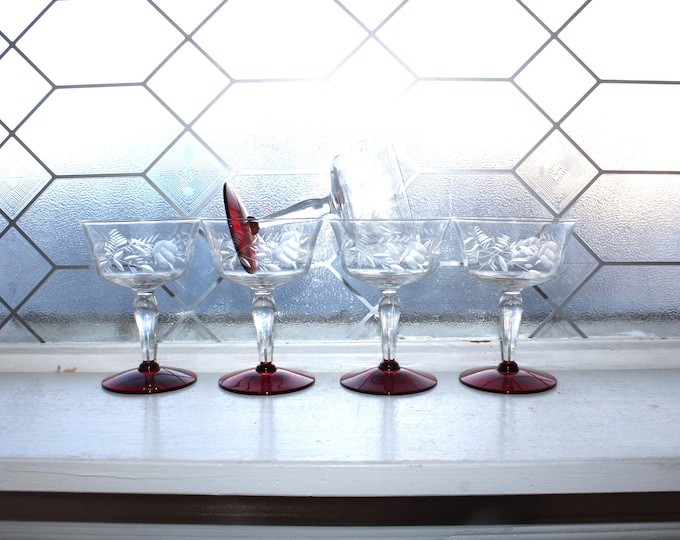 5 Vintage Art Deco Clear Wheel Cut Champagne Glasses with Red Bases