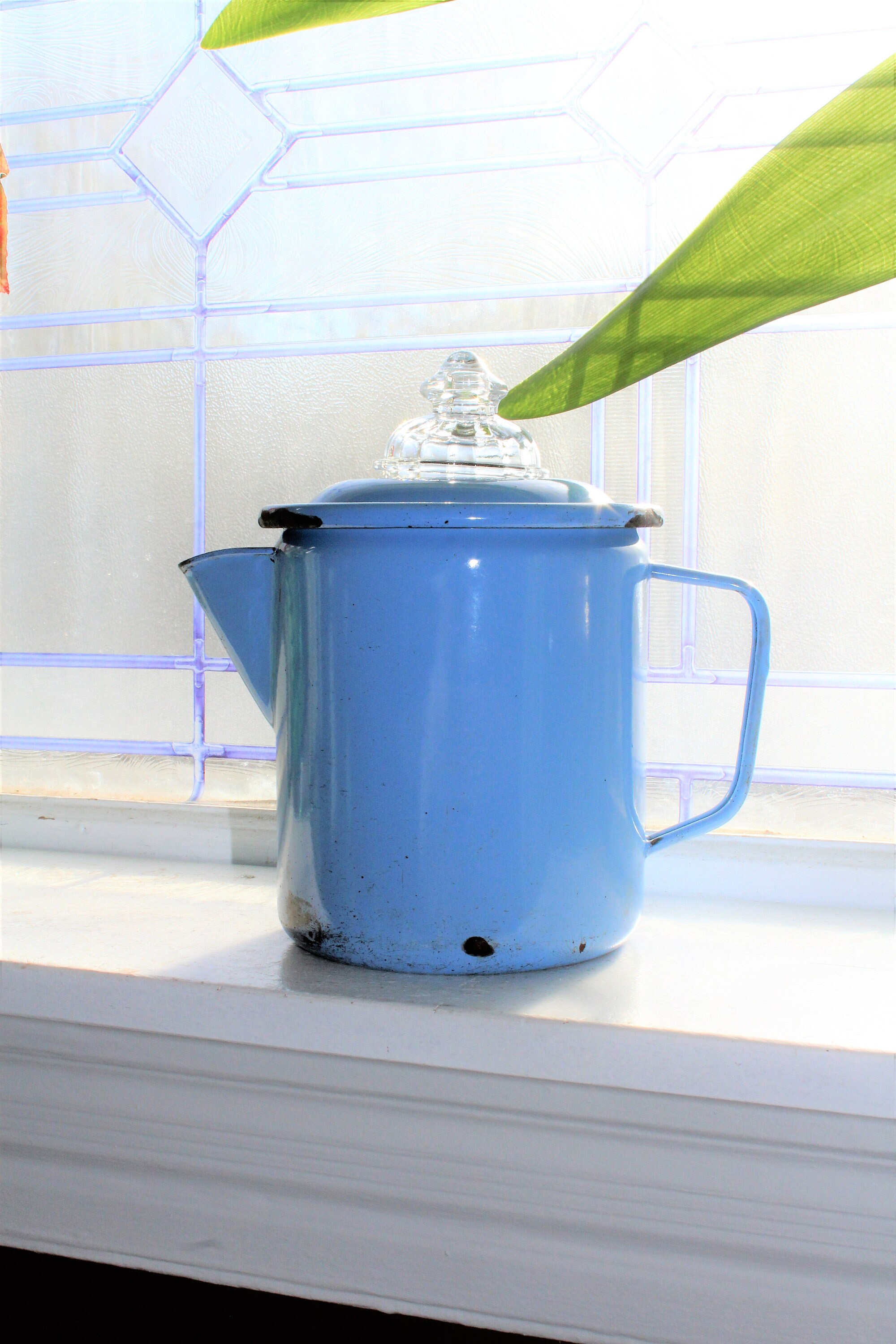 Vintage Blue Enamelware Coffee Pot Rustic Farmhouse Decor