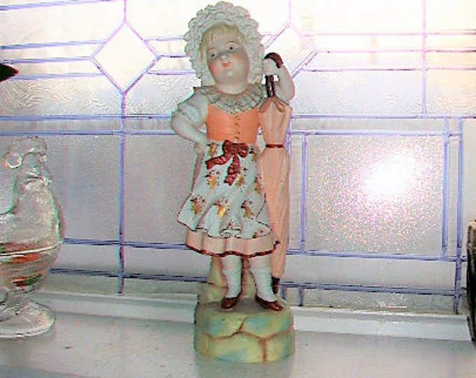 Large Antique Bisque Figurine Sassy Victorian Girl with Umbrella