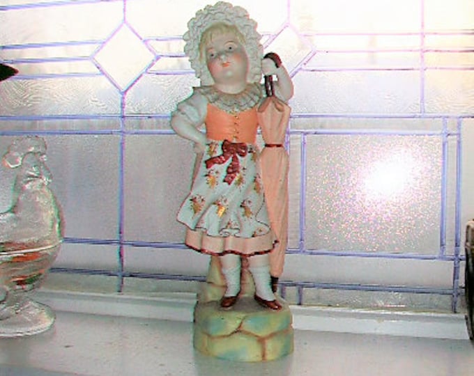 Large Antique Bisque Figurine Sassy Victorian Girl with Umbrella