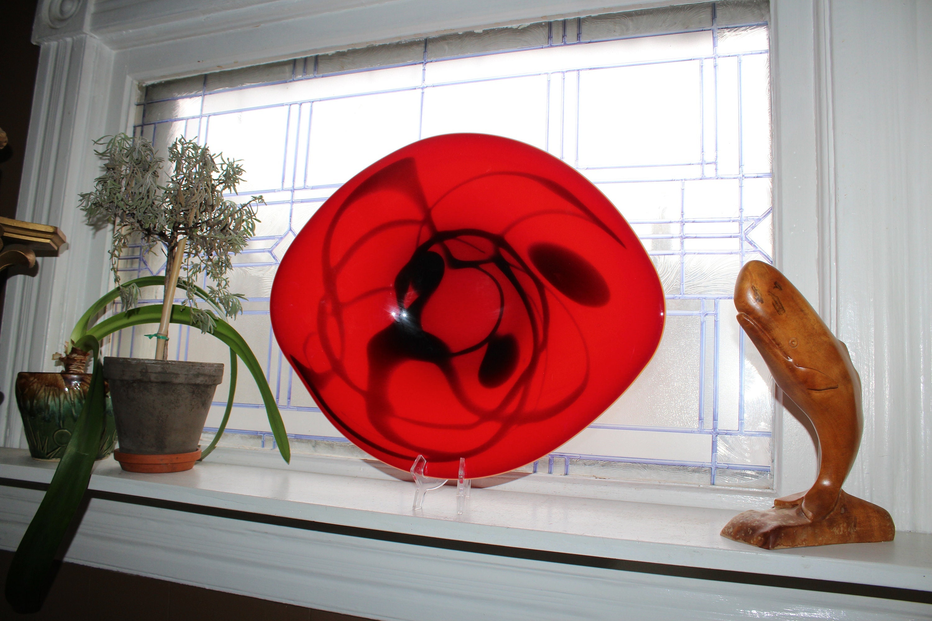 Large Vintage Art Glass Centerpiece Bowl Red with Black Swirls