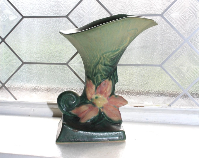 Roseville Pottery Cornucopia Vase Green Clematis Vintage 190-6" 1940s