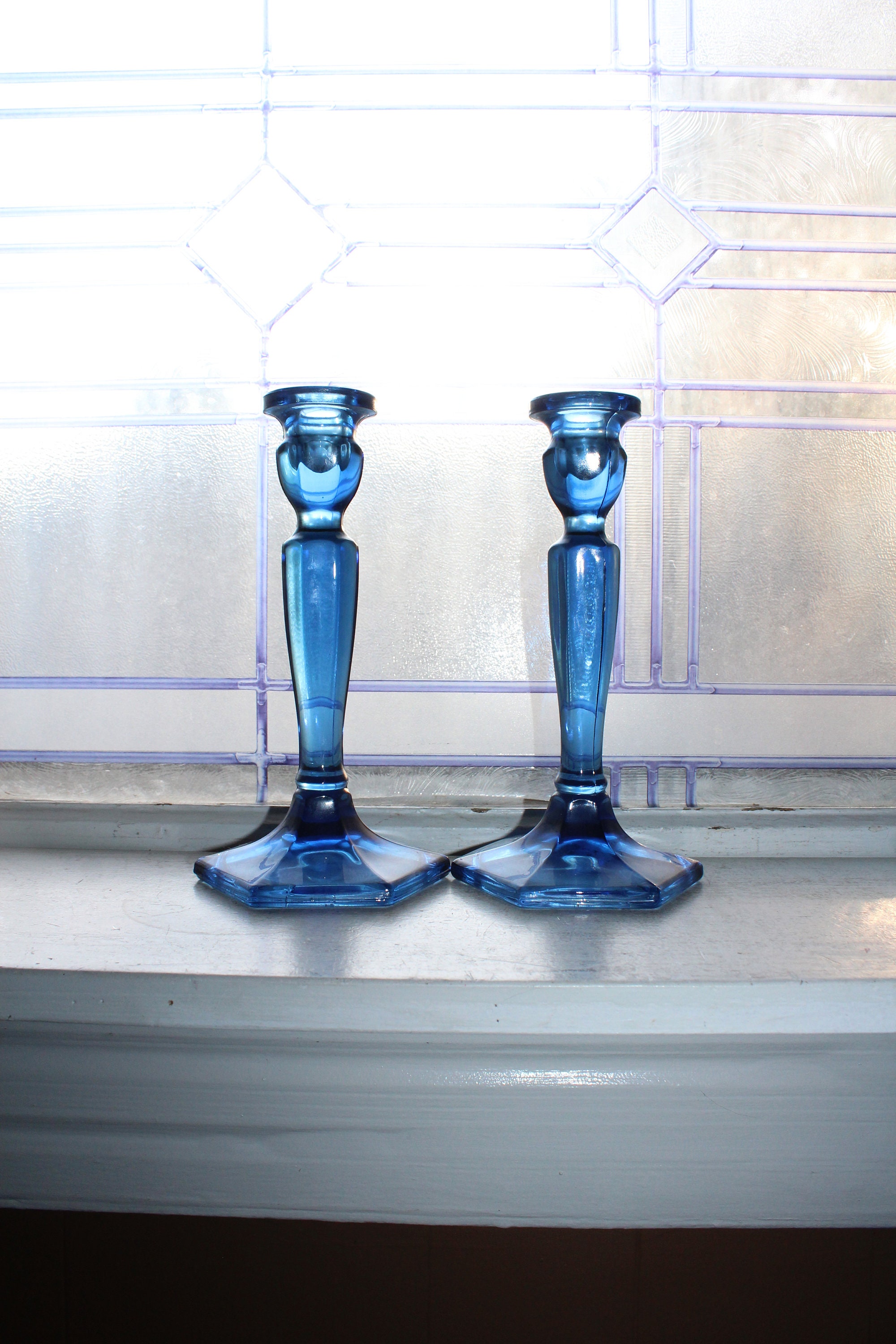 Vintage Cobalt Blue Glass Candlestick Holders Pair