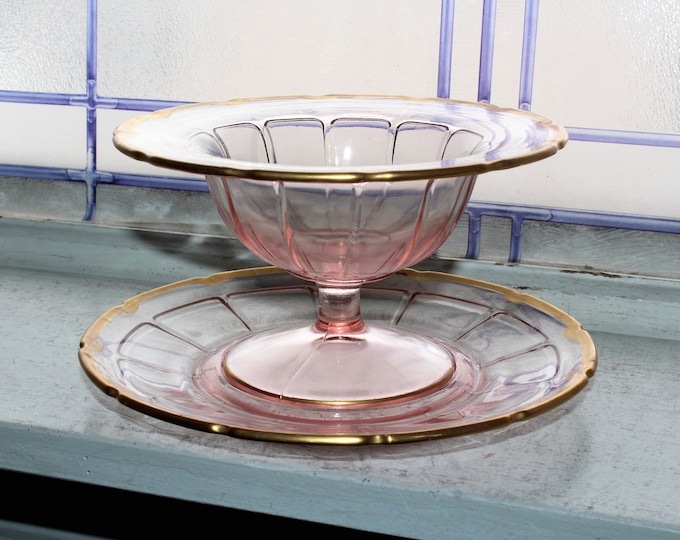Vintage Pink Depression Glass Condiment Bowl and Plate Gold Trim