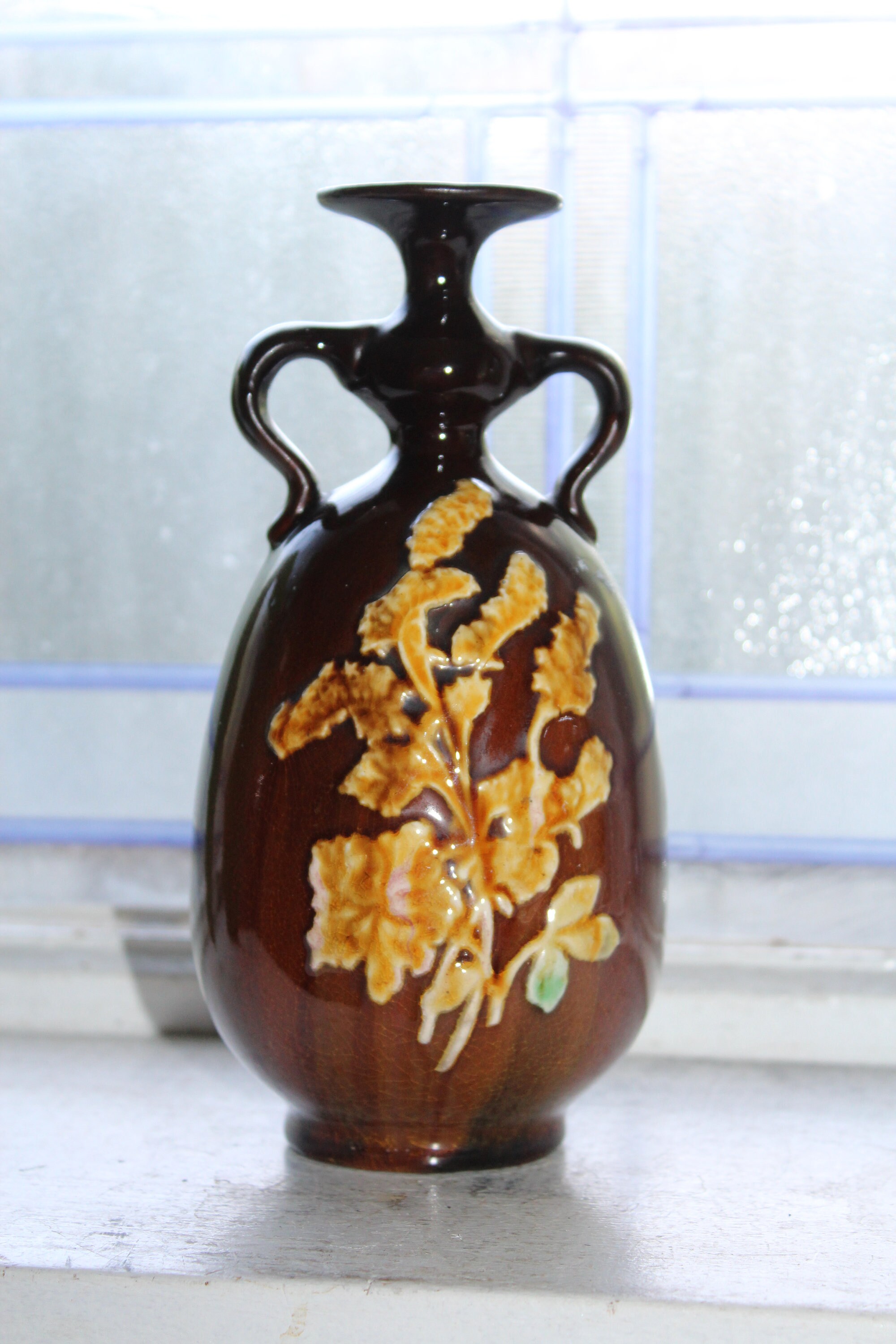 Peters and Reed Pottery Handled Vase Sprigware on Brown Antique 1910s