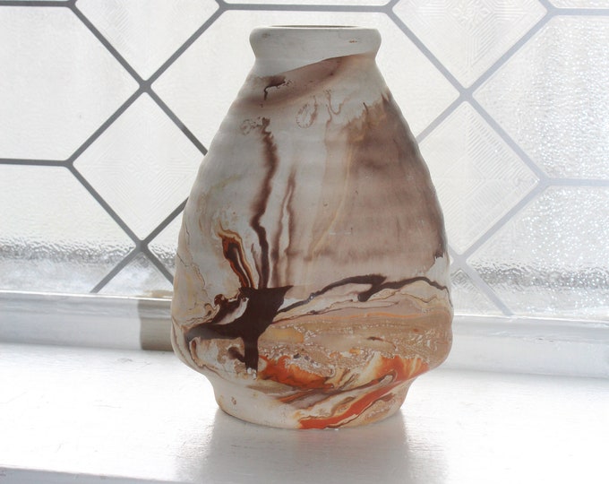Vintage Nemadji Pottery Vase Orange Brown Swirl Southwestern Decor
