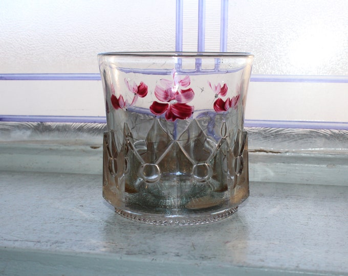 EAPG  Glass Spooner Antique 1800s with Painted Ruby Red Flowers