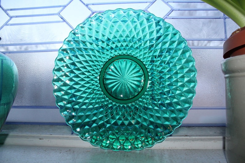 Large Teal Green Glass Vase and Round Platter Bowl Vintage Etsy