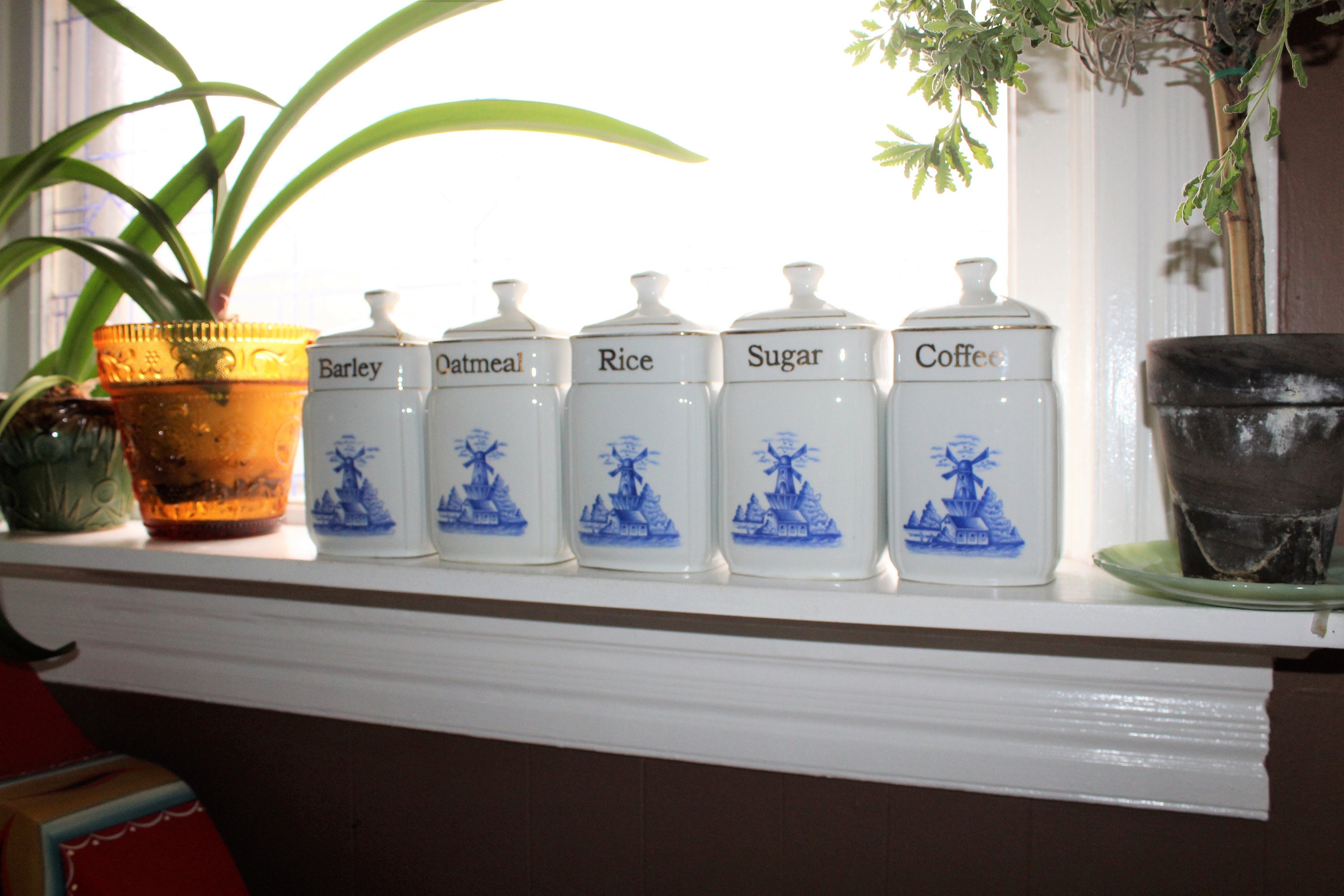 Vintage Bavaria 15 Piece Kitchen Canister Set Featuring Blue Windmills and  Farmhouse, Also Trimmed in Gold Accents. 