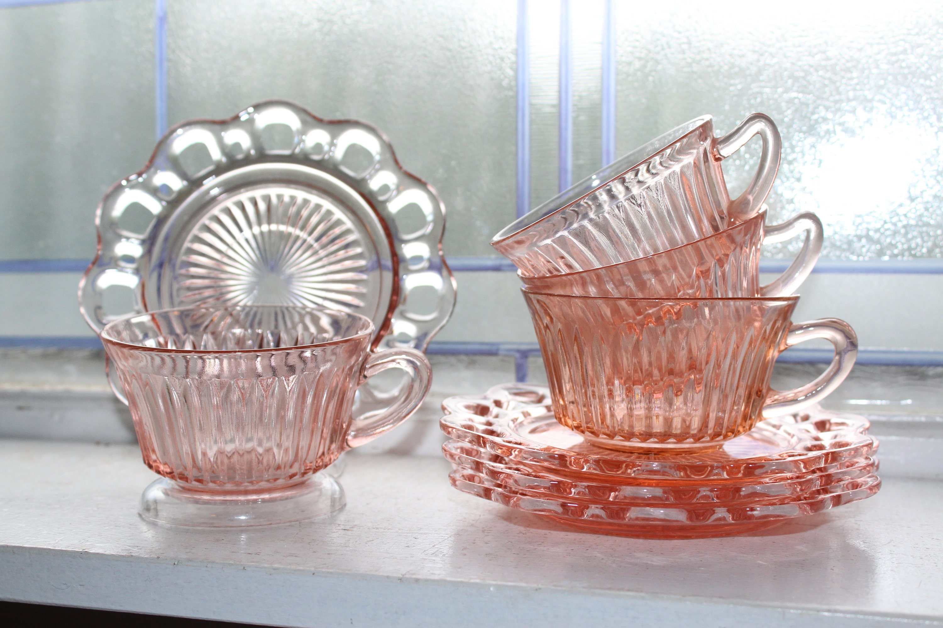 4 Pink Depression Glass Cups and Saucers Lace Edge Open Lace Vintage 1930s