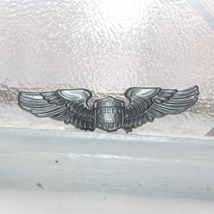 Puede incluir: Un pin de ala de piloto de color plateado con un escudo en el centro. El escudo tiene las letras "USAF" y una "A" estilizada en su interior.