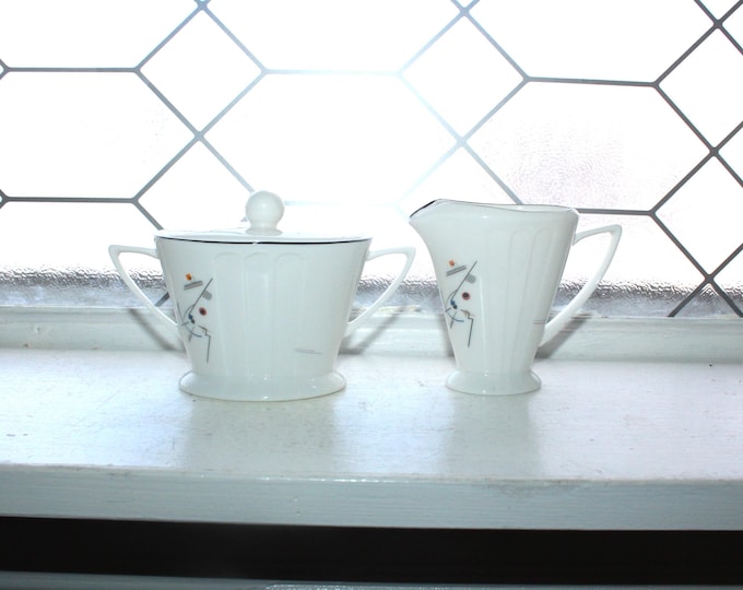 Art Deco Jazz Age Profile Creamer & Sugar Bowl International Ultra Bone Post Modern Memphis