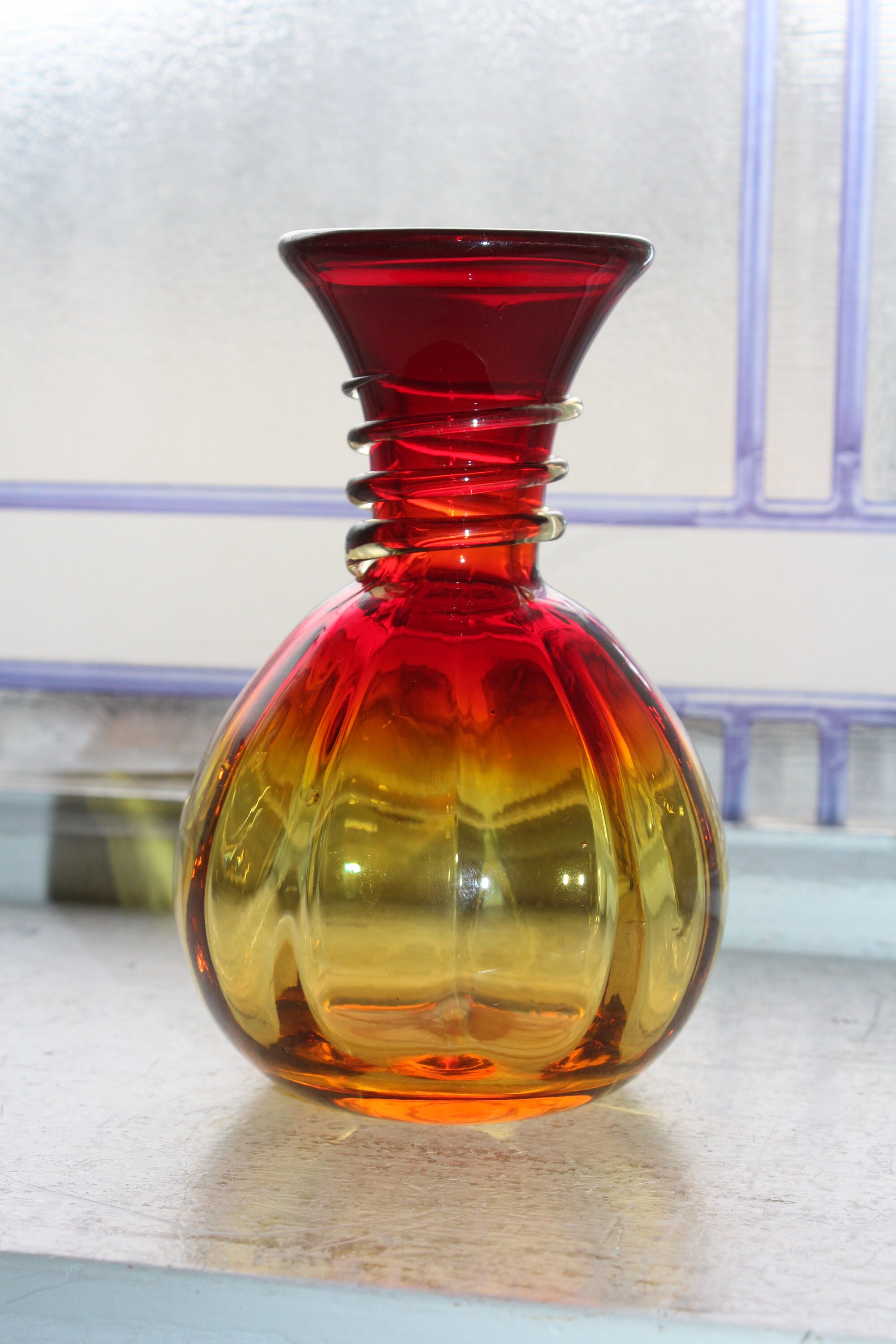 Vintage Mid Century Amberina Rainbow Glass Vase with Spiral Thread