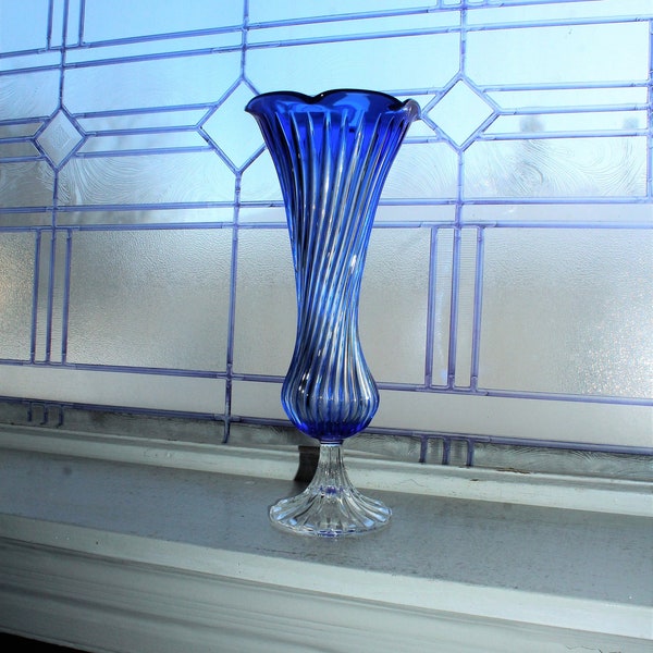 Large Cobalt Blue Glass Spiral Pedestal Vase