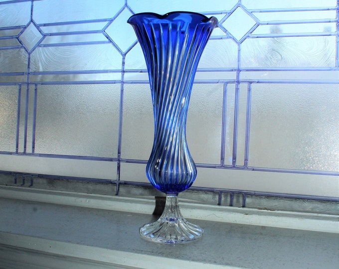 Large Cobalt Blue Glass Spiral Pedestal Vase