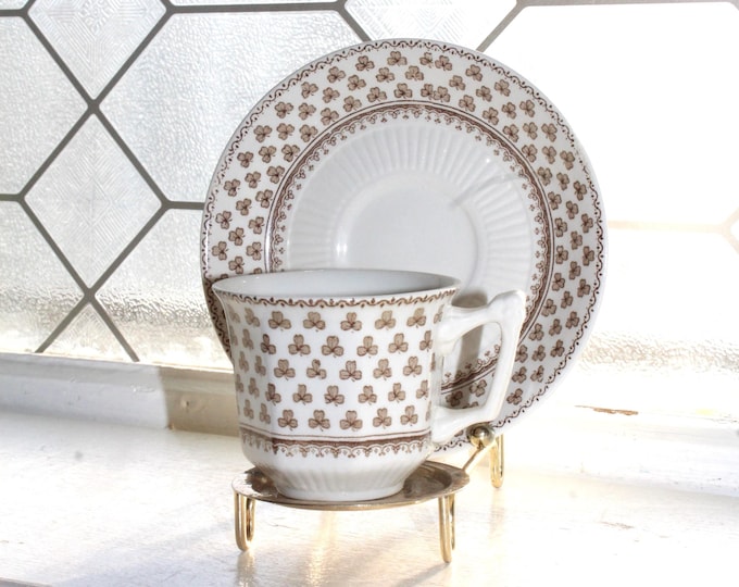 Vintage Wm Adams Ironstone Sharon Cup and Saucer Brown Shamrocks Transferware