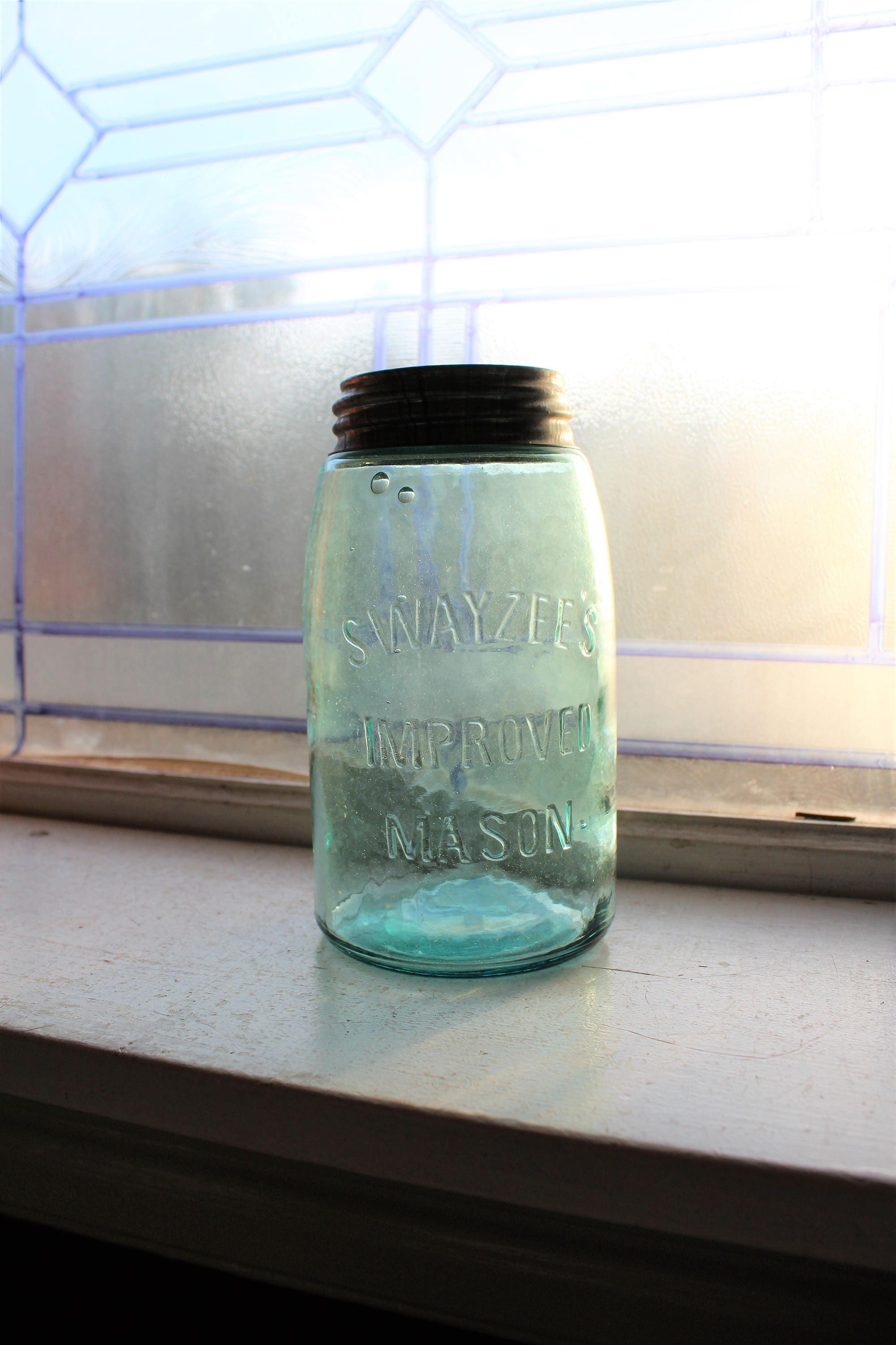 Antique Blue Canning Jar Swayzee's Improved Mason Jar Quart Early 1900s