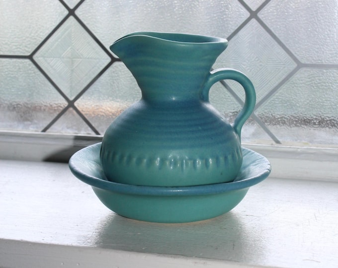 Vintage Van Briggle Pottery Turquoise Blue Pitcher and Bowl