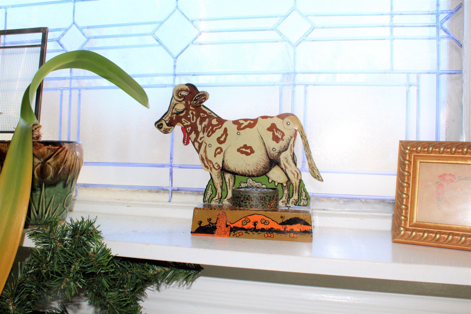 Antique Tin Toy Cow Pull My Tail and I Moo Mechanical Toy