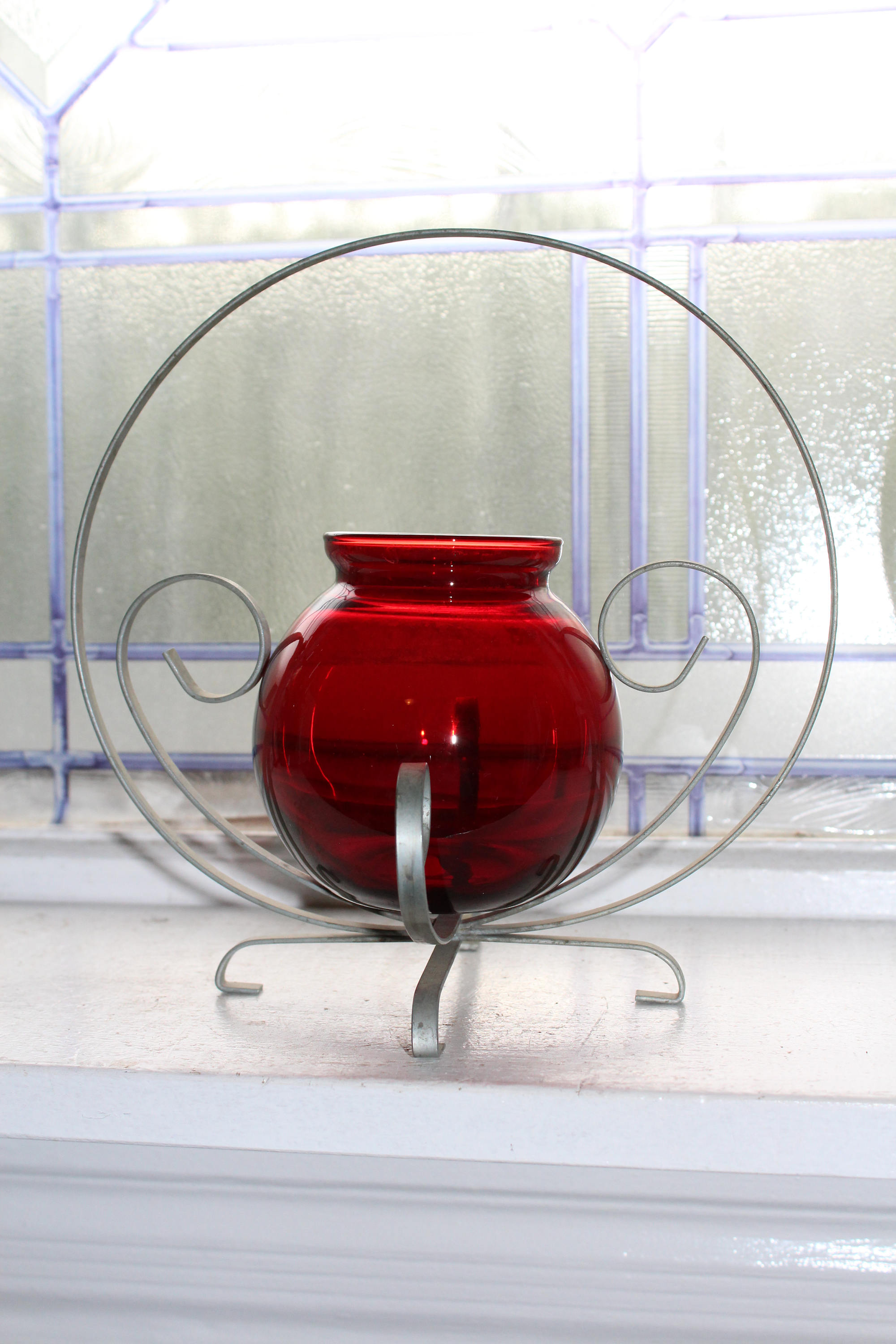 Royal Ruby Red Glass Ball Vase in Metal Stand Vintage 1940s