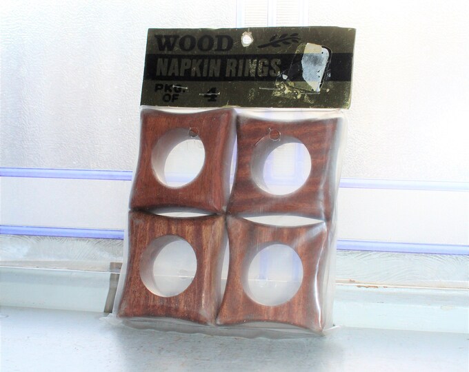 4 Mid Century Teak Wood Napkin Rings Unused 1960s