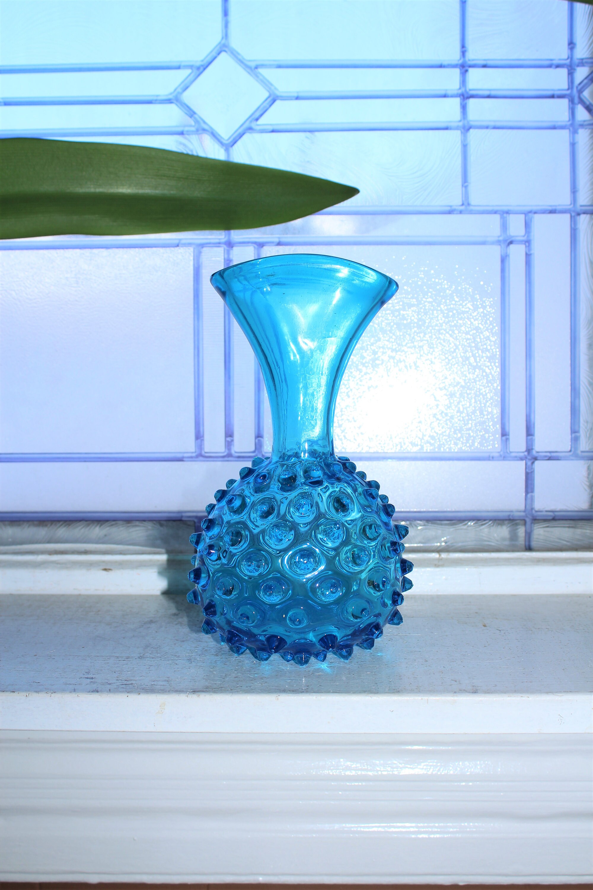 Vintage Blue Hobnail Glass Fan Vase