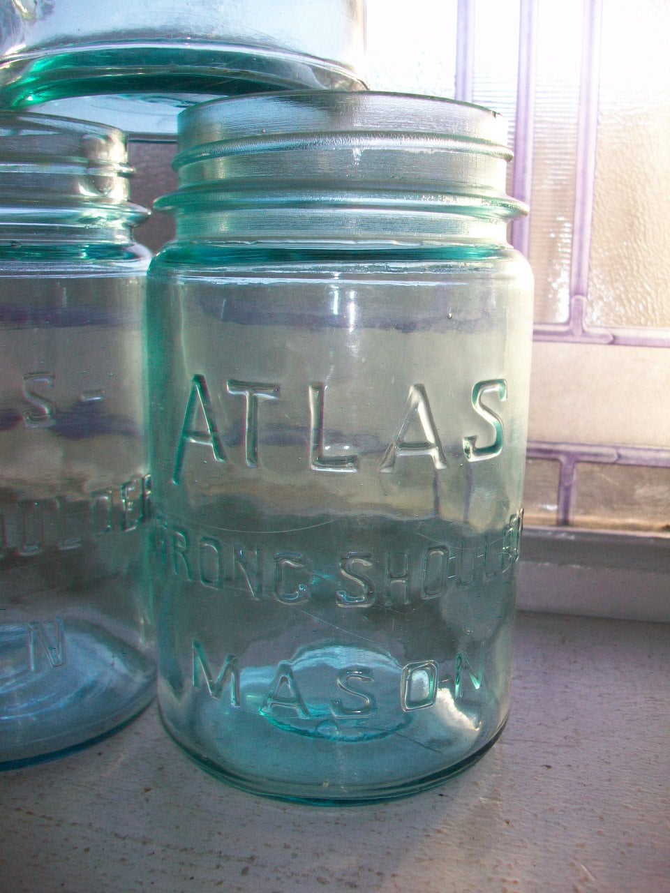 3 Blue Pint Canning Jars Atlas Strong Shoulder Mason 1930s With Lid
