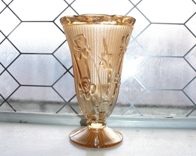 Vintage Iris and Herringbone Marigold Pedestal Vase Depression Glass