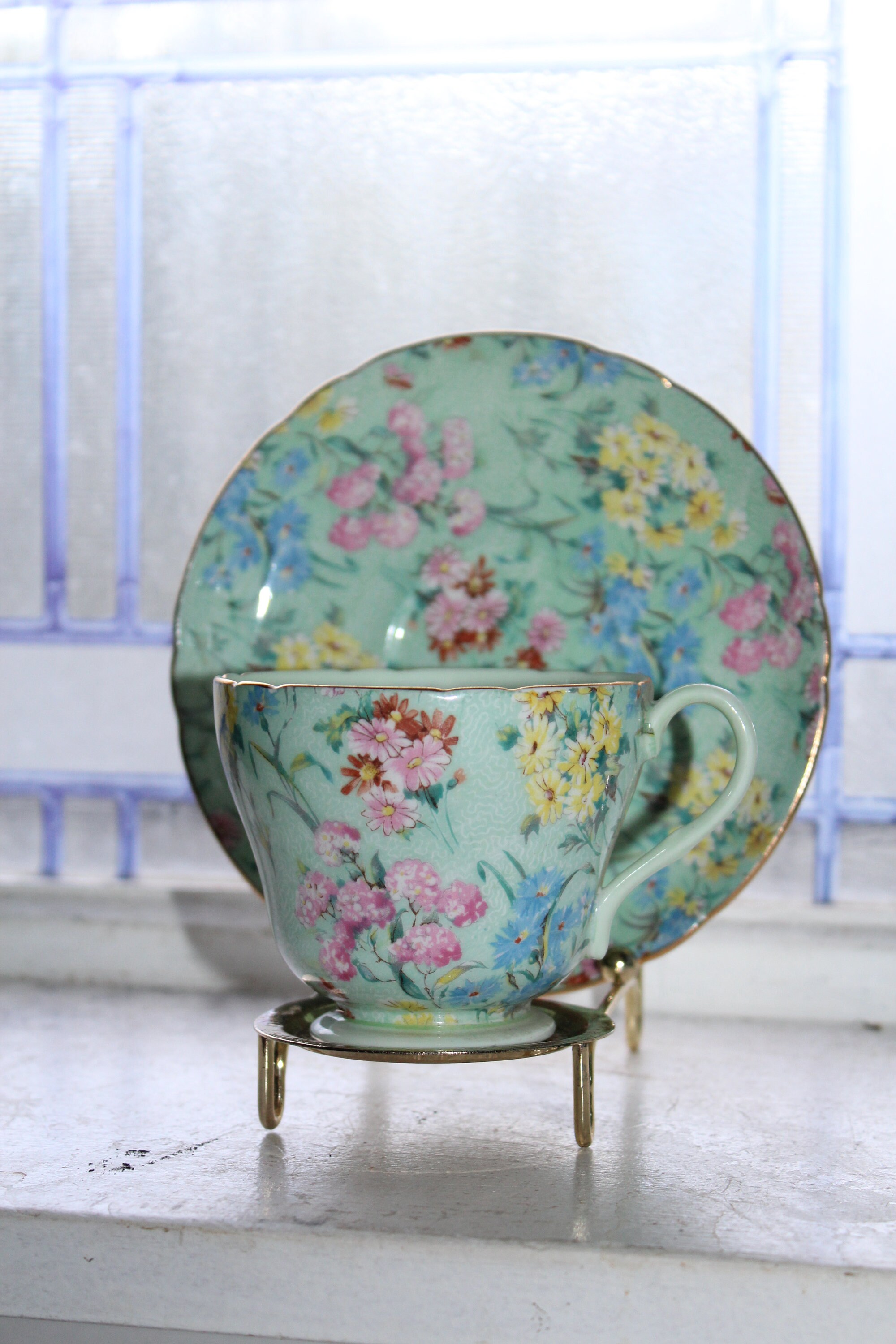 Shelley Teacup and Saucer Melody Pattern Vintage 1930s Mint Green