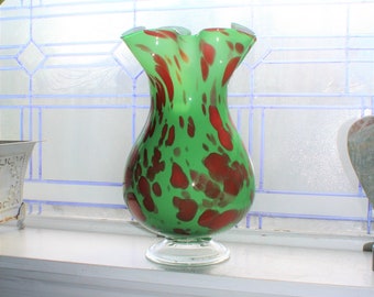 Large Vintage Murano Glass Footed Vase Green & Red Mottled 13.25"