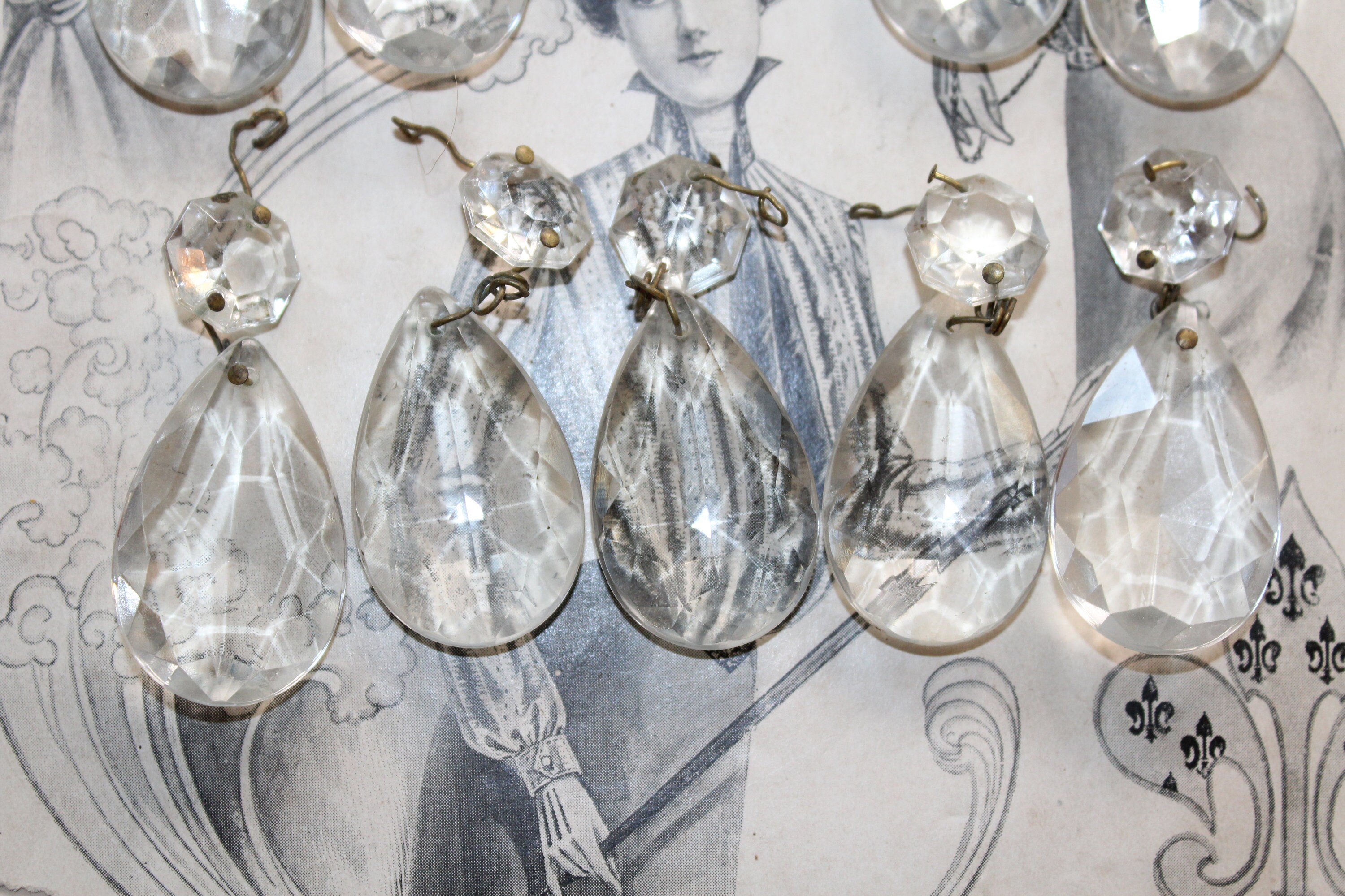 10 Matching Antique Hanging Glass Prisms Victorian Crystal Pendants