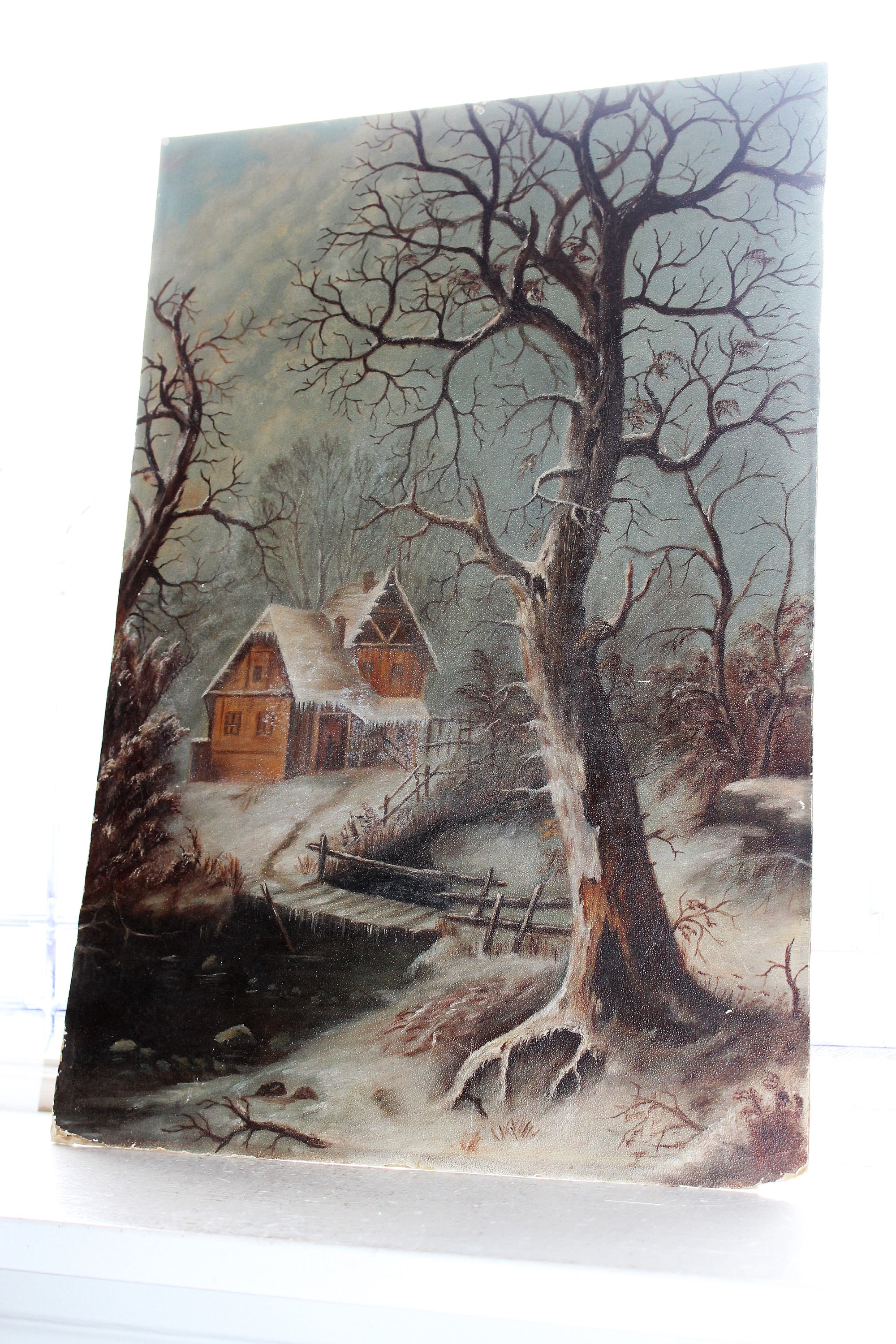 Antique Folk Art Oil Painting On Board Winter Cabin Country Scene