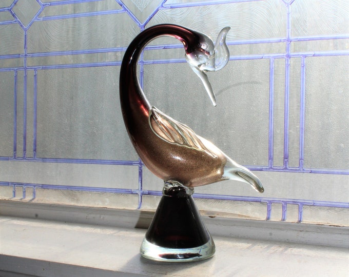 Large Murano Glass Bird Figurine Amethyst & Aventurine Gold Flecks