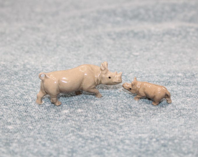 Vintage Hagen Renaker Miniature Figurines Mama & Baby Rhinoceros