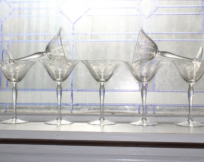 7 Tiffin Etched Champagne Glasses Vintage Stemware