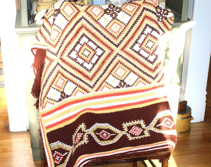 Large Vintage Handmade Crocheted Afghan Brown Orange Yellow White 1960s