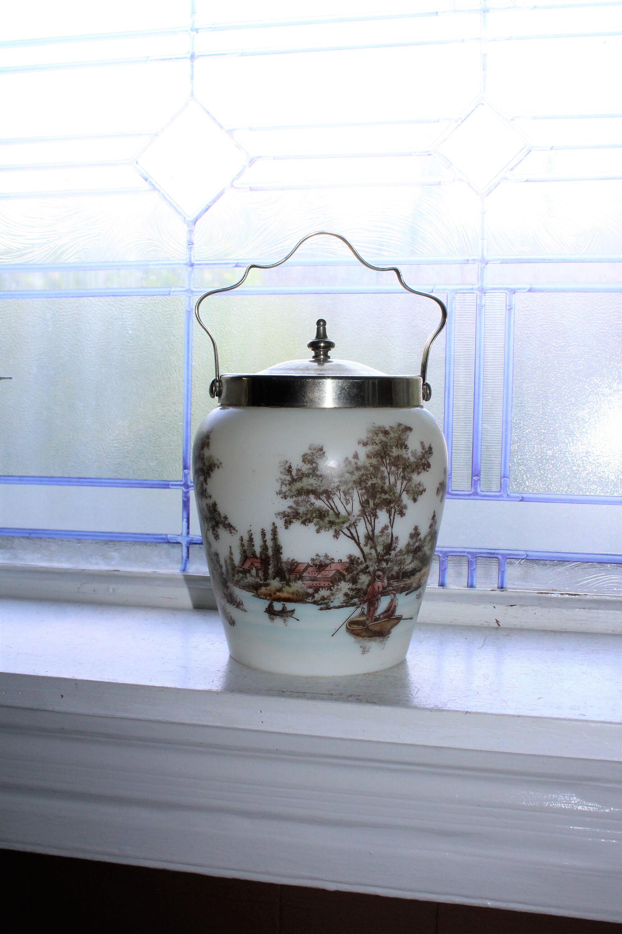 Antique Victorian Biscuit Jar Glass and Silverplate Country Scene