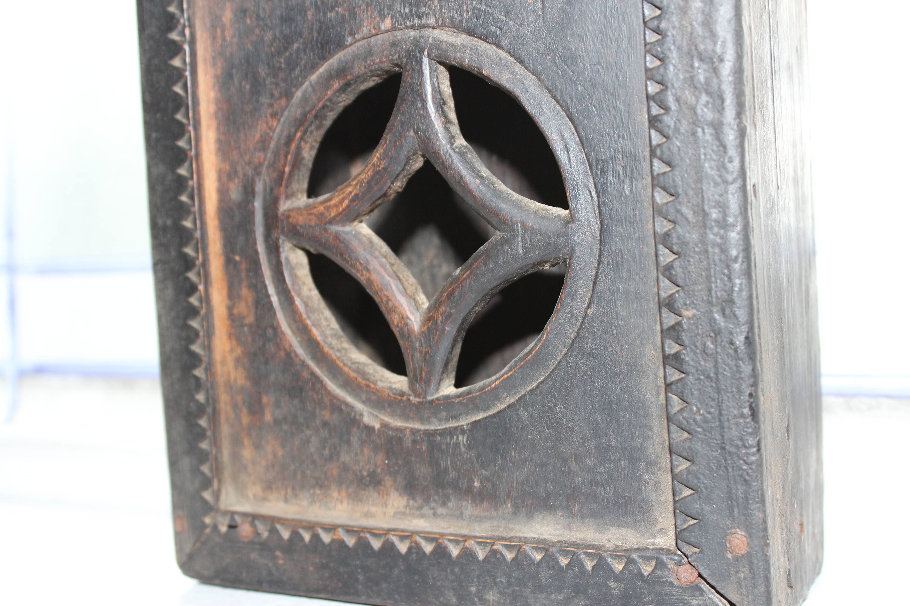 Antique Scandinavian Folk Art Wall Box w/ Figural People Finials 1800s