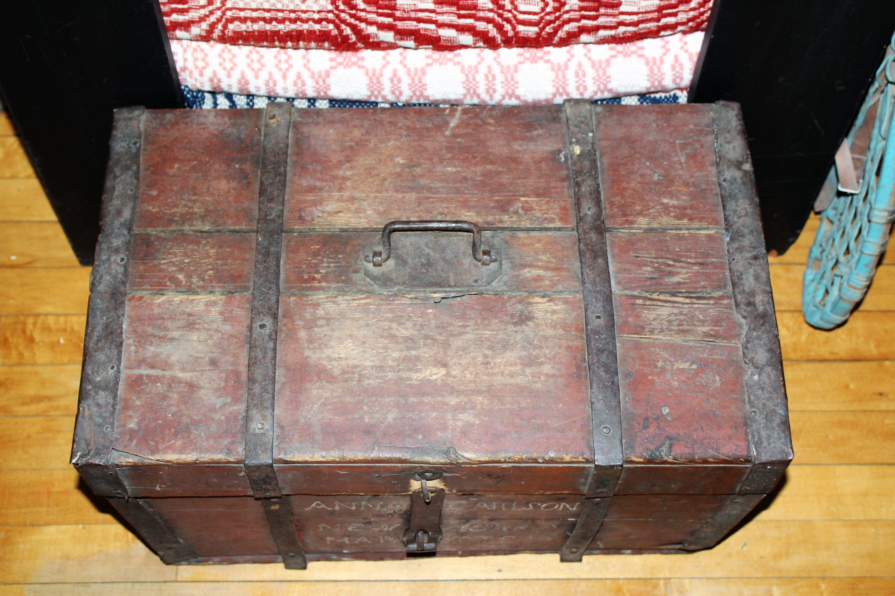 Antique 1800s Wood Trunk Immigrant Chest Original Red Paint New York