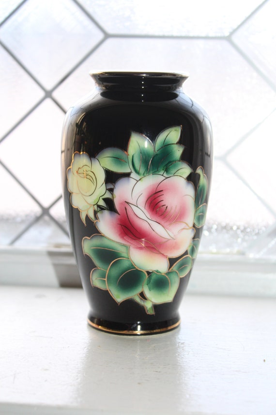 Vintage Black Japanese Kokusui China Bud Vase Pink Flowers Silver