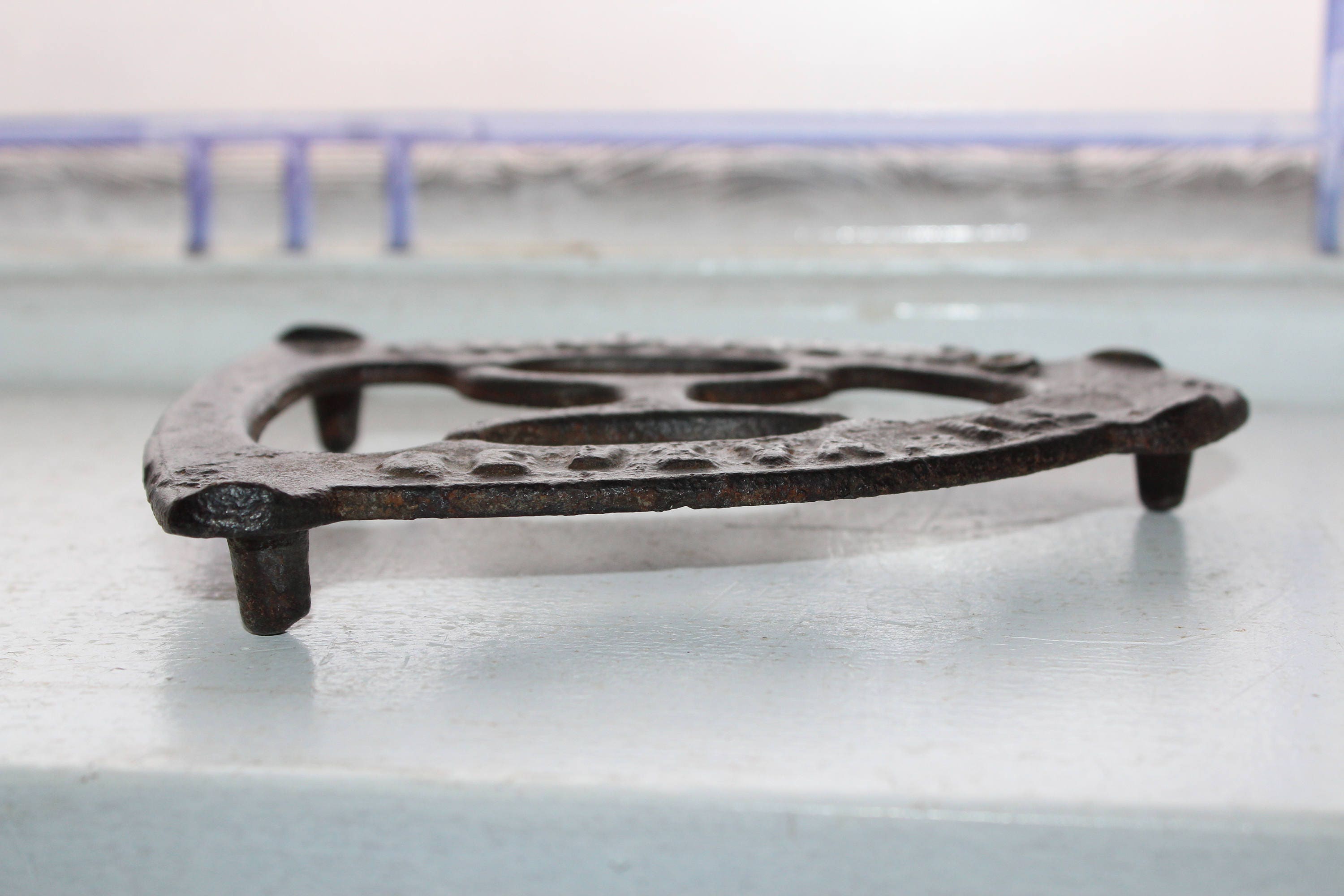 Antique Cast Iron Trivet W H Howell Geneva Illinois Country Decor Sad