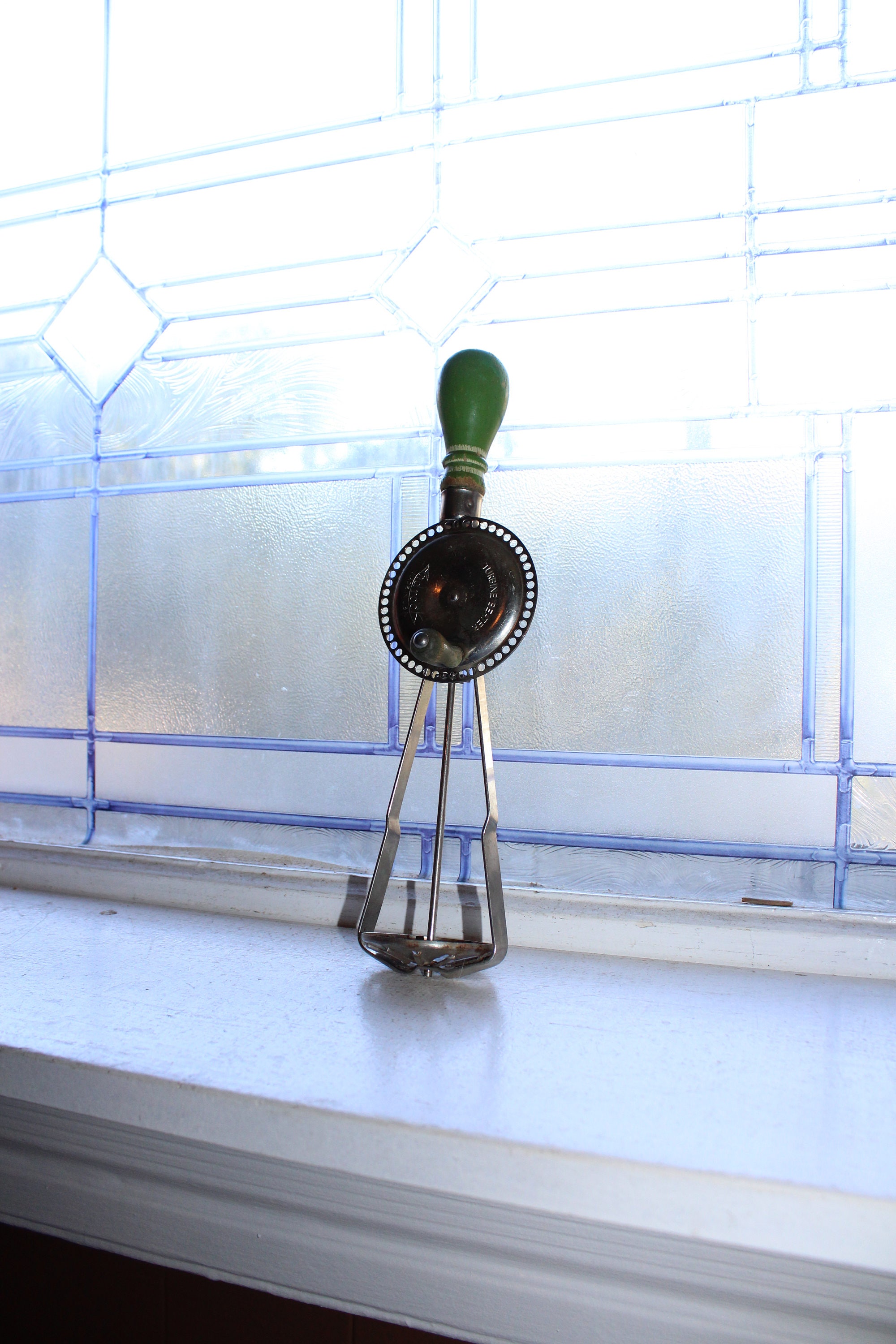 Antique Egg Beater Farmhouse Decor Green Wood Handle Androck Turbine