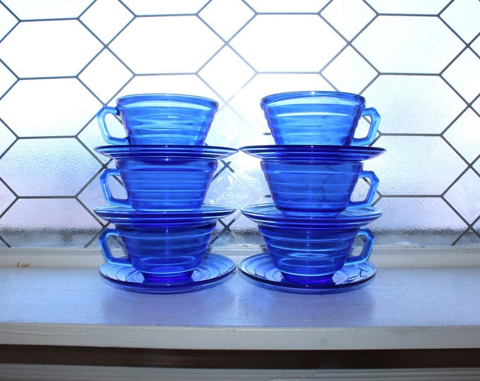6 Vintage Art Deco Cobalt Blue Moderntone Cups and Saucers 1930s Glass