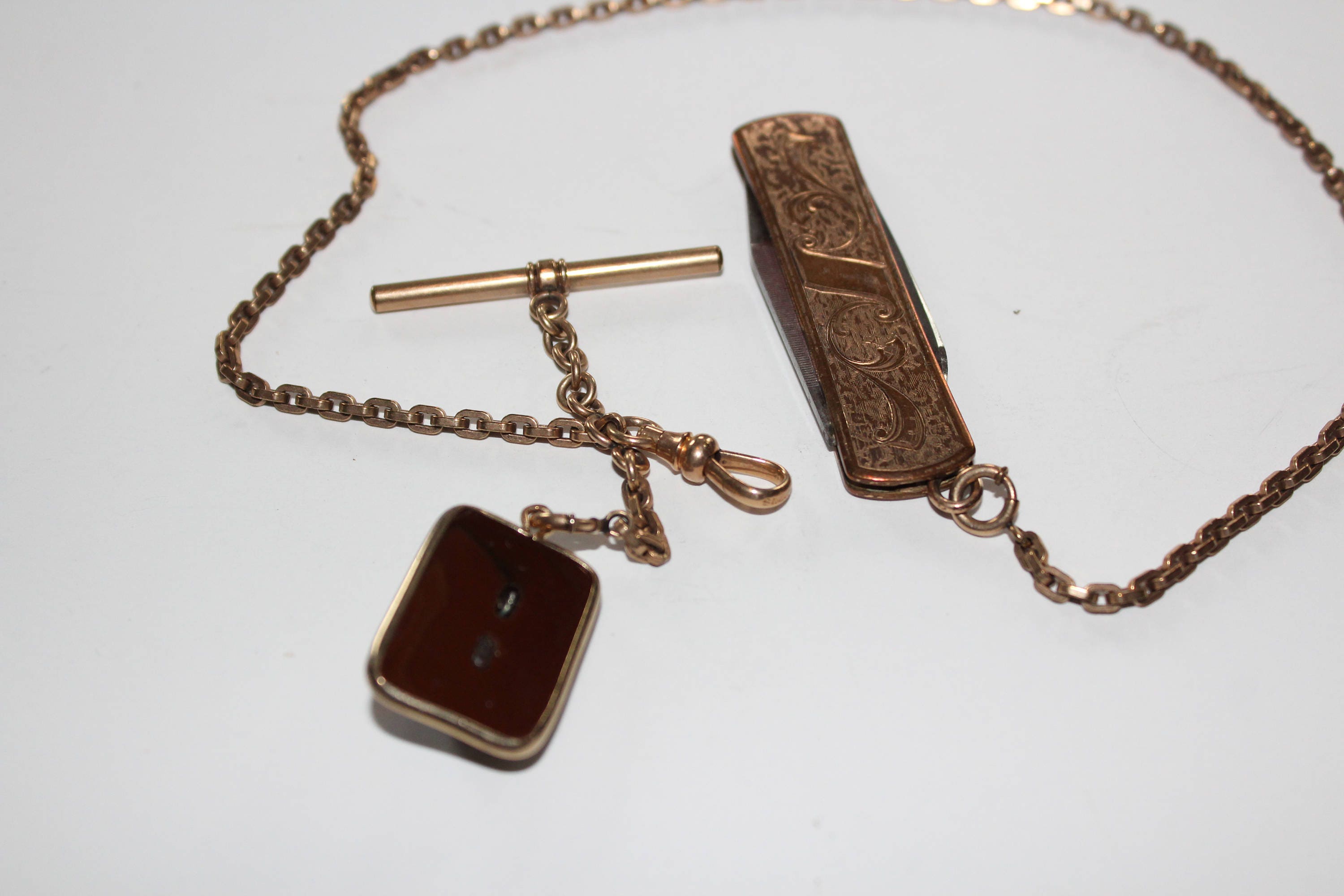 Antique Pocket Watch Chain with Knife and Cameo Fob