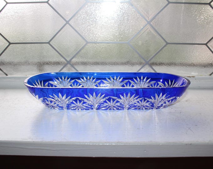 Vintage Relish Dish Cobalt Blue Cut To Clear Bohemian Crystal
