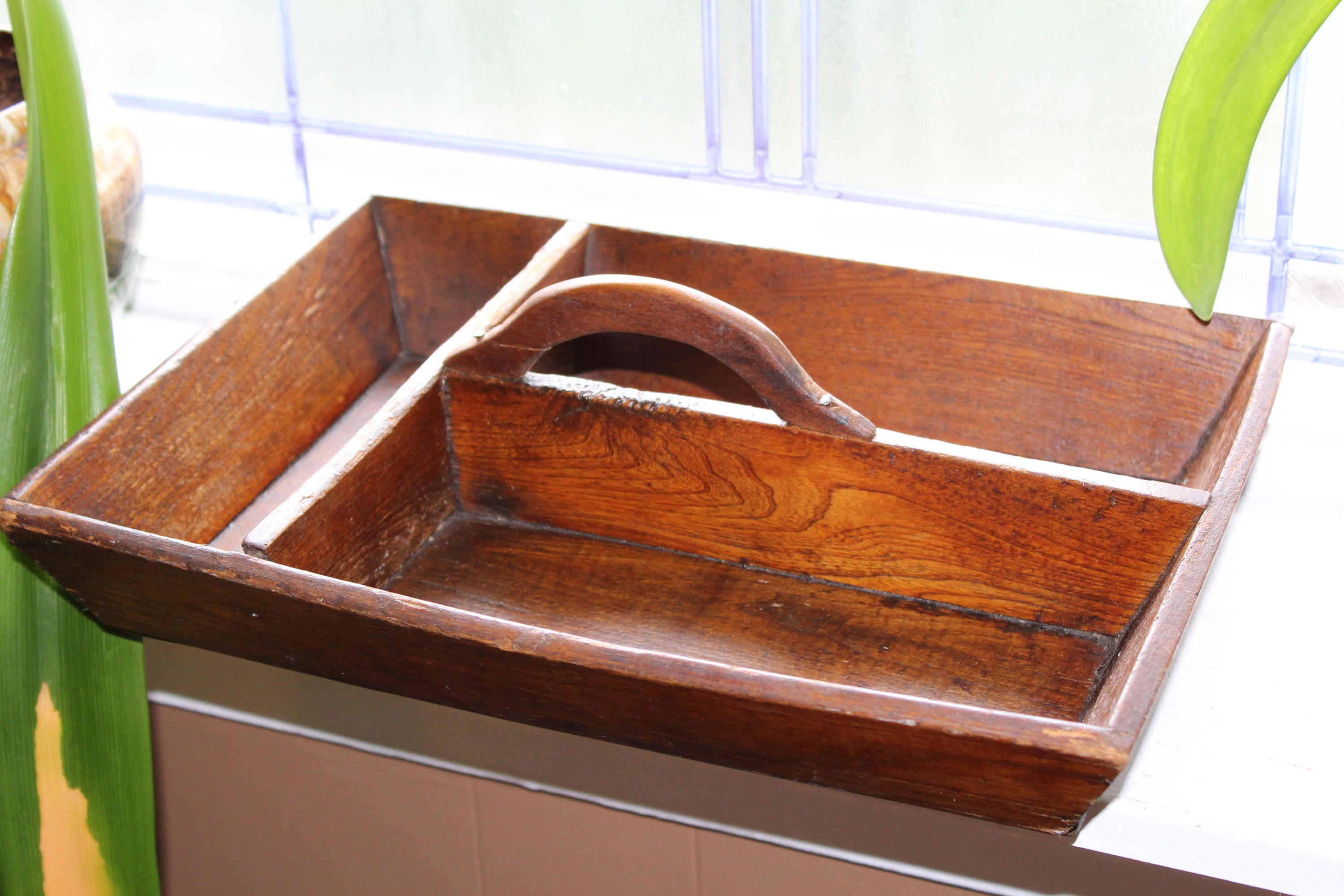 Antique Wood Tray Handled Cutlery Box Rustic Farmhouse Decor