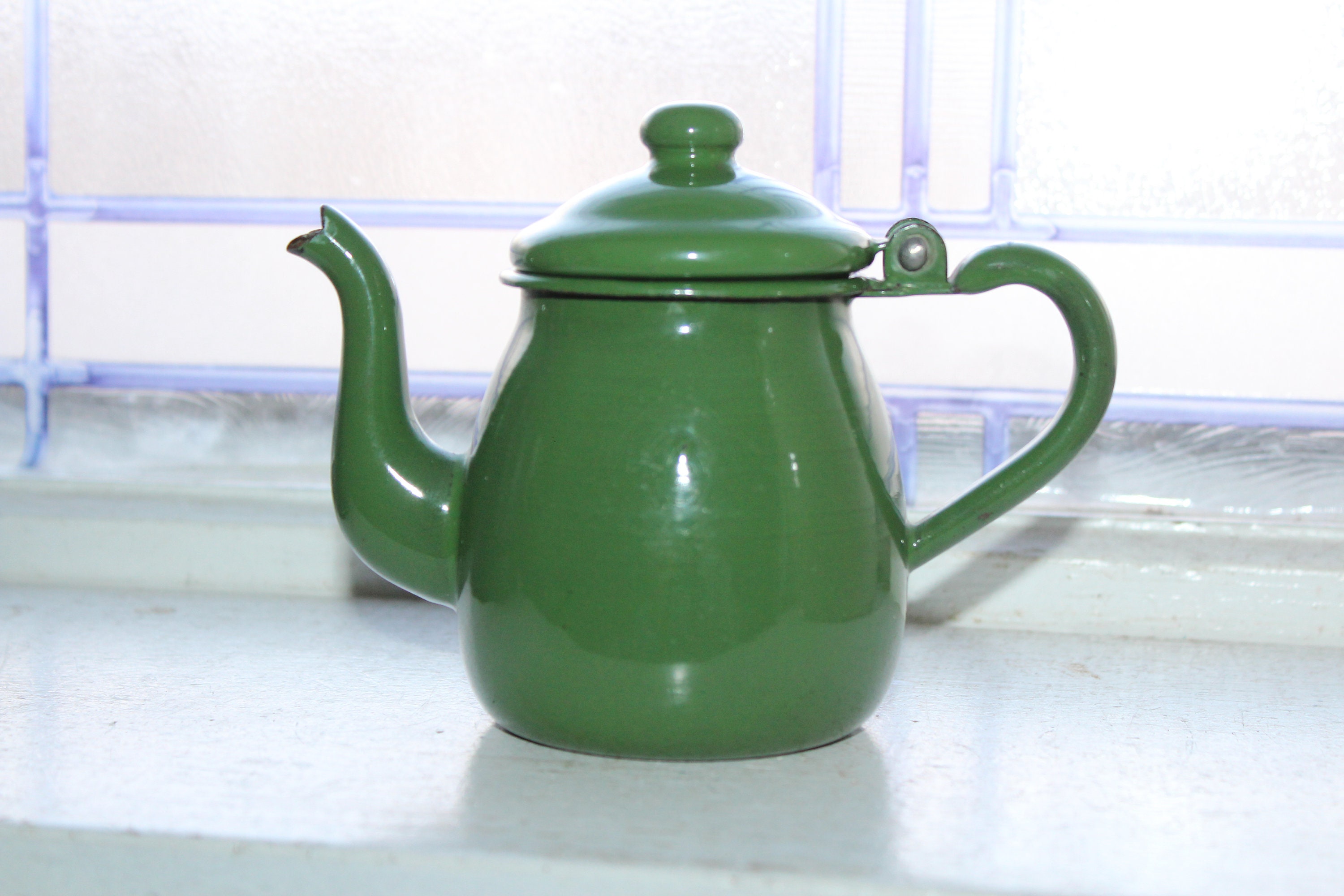 Vintage Green Enamelware Teapot Small Graniteware Tea Pot Toy Size