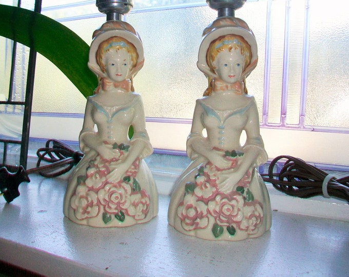 Pair of Bedroom Lamps Figural Victorian Woman Vintage Lighting